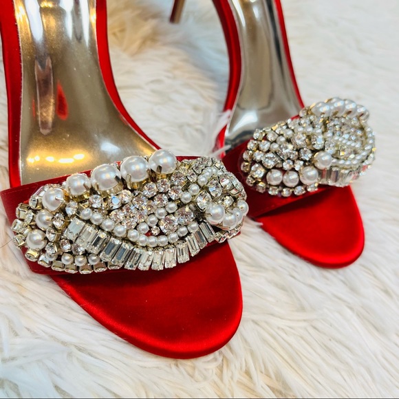 Badgley Mischka Red Satin Rhinestone Ankle Strap Heels 7M - Picture 3 of 9